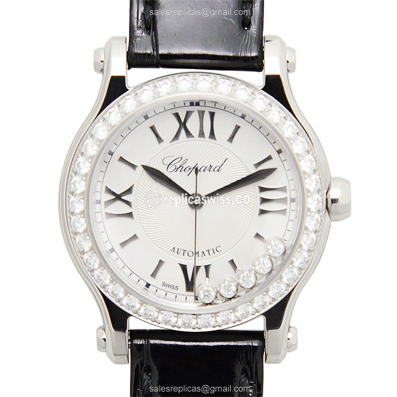 Chopard 278573-3003 Replica - Automatic - Stainless Steel - Diamonds - Silver Dial - Black Alligator Strap - Buckle - Luxury Replica HAPPY SPORT Watch